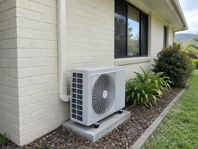 Outdoor air conditioner unit on a concrete pad beside a cream brick house in Worongary